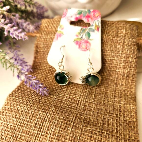 Green Natural Jade Stone Earrings, Silver Plated Wire Wrapped Earrings - Picture 5 of 12